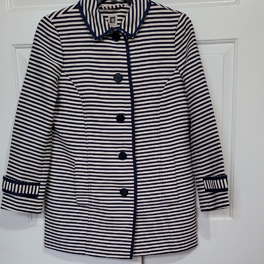 Anne Klein Navy and White Striped Trench Coat